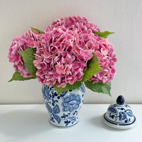 ZYTUYO 3 PCS Magenta Hydrangea Real Touch Artificial Flowers 21'' Latex Large Hydrangea with Long Stems for Wedding Table Centerpieces Indoor Kitchen Spring Home Decor Outdoor Porch - Image 1