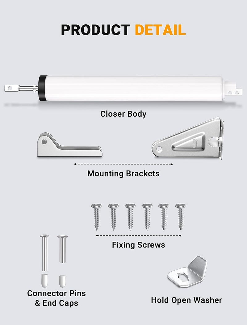SARDVISA Storm Door Closer, Heavy Duty Pneumatic Screen Door Closer, Adjustable Closing Speed, Safety Closure with Hold Open Feature, Universal Window & Door Bracket Kit (White) - Image 3