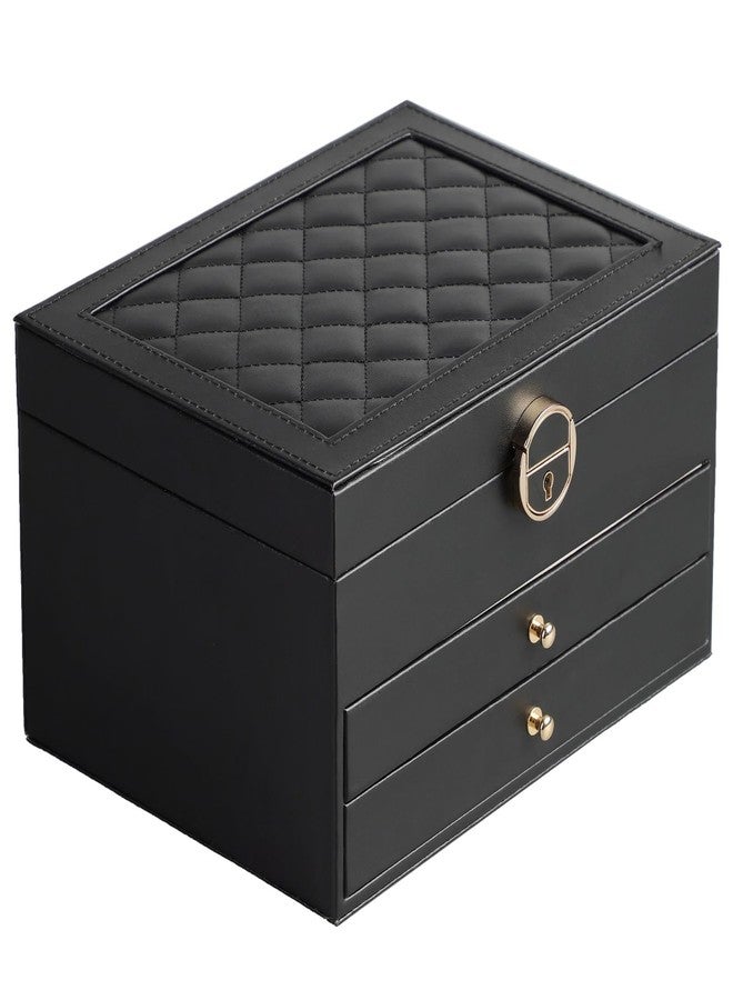 GUOER Jewelry Box for Women Girl Wife 3 Layers Large PU Leather Jewelry Organizer Storage Case with Two drawers Display for Earrings Bracelets Rings Watches (Black) - Image 1