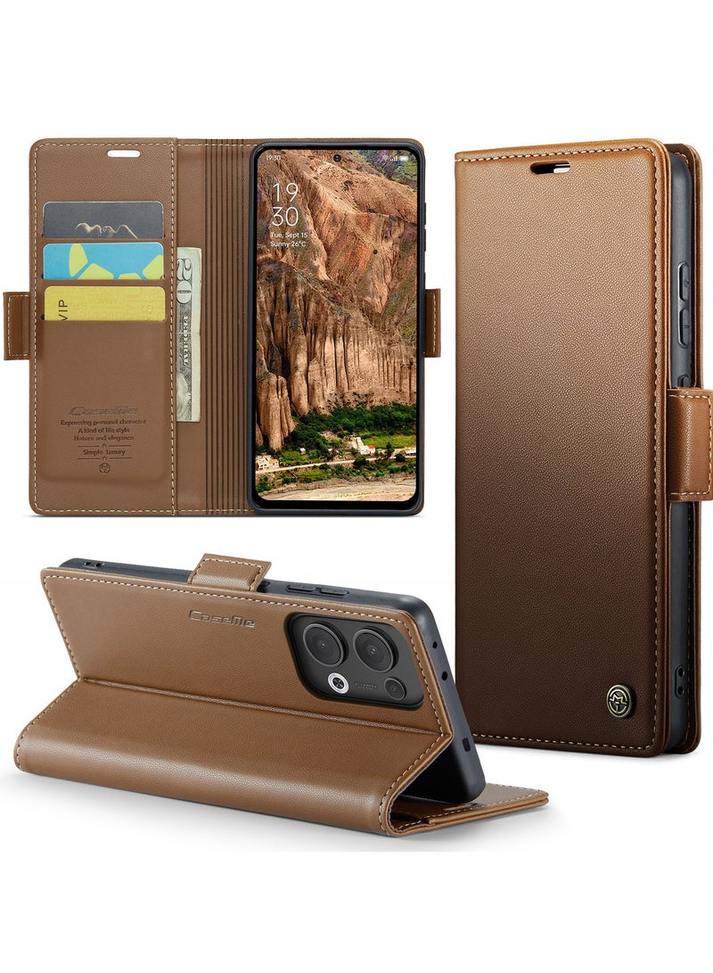 CaseMe Phone Case Luxury PU Leather Design Anti Fingerprint 023 Flip Cover Card Slot Holder Cover For Oppo Reno 13 5G (Brown) - Image 2