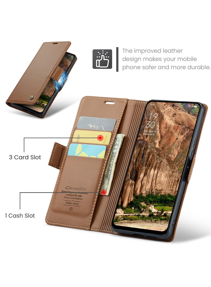 CaseMe Phone Case Luxury PU Leather Design Anti Fingerprint 023 Flip Cover Card Slot Holder Cover For Oppo Reno 13 5G (Brown) - Image 4