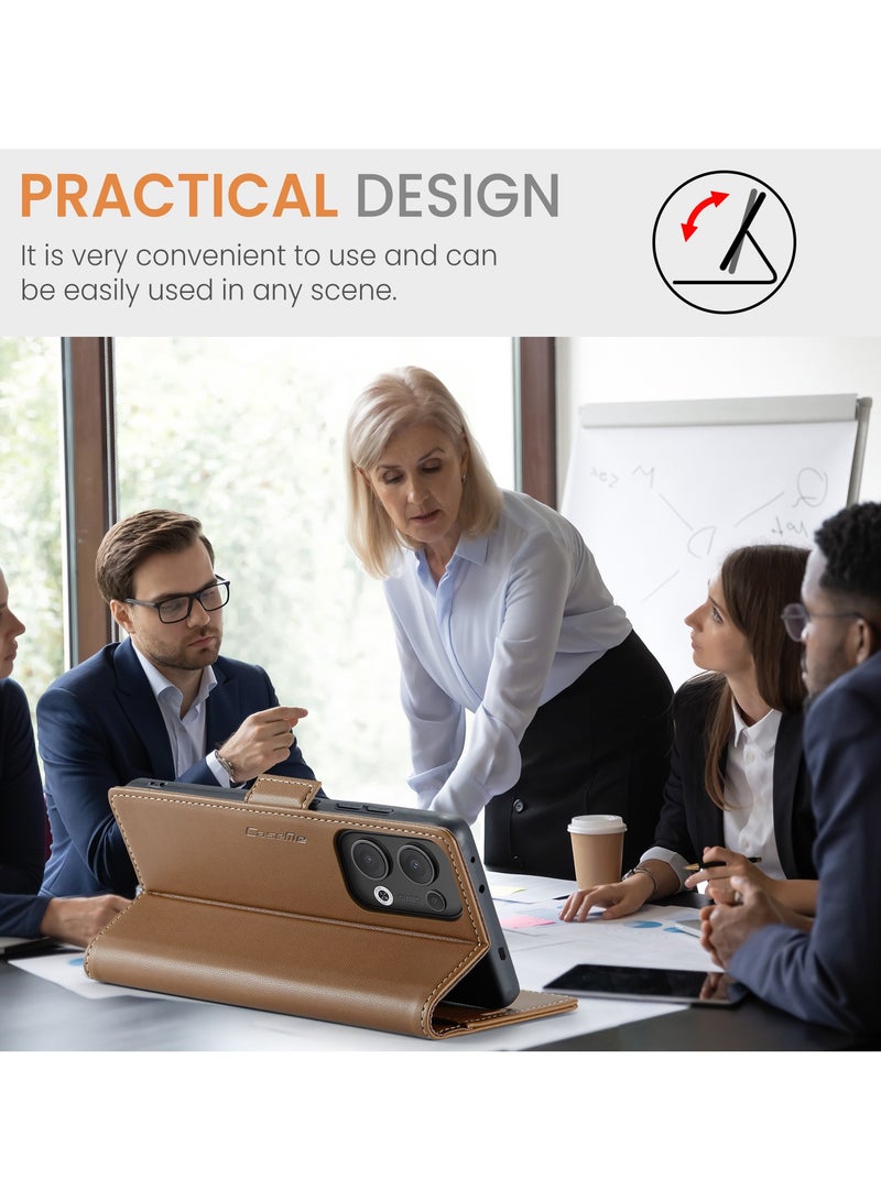 CaseMe Phone Case Luxury PU Leather Design Anti Fingerprint 023 Flip Cover Card Slot Holder Cover For Oppo Reno 13 5G (Brown) - Image 5