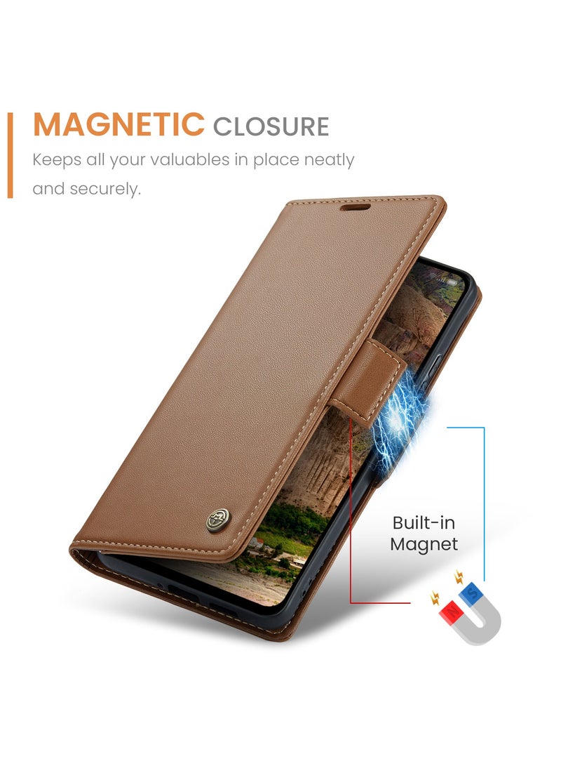 CaseMe Phone Case Luxury PU Leather Design Anti Fingerprint 023 Flip Cover Card Slot Holder Cover For Oppo Reno 13 5G (Brown) - Image 3