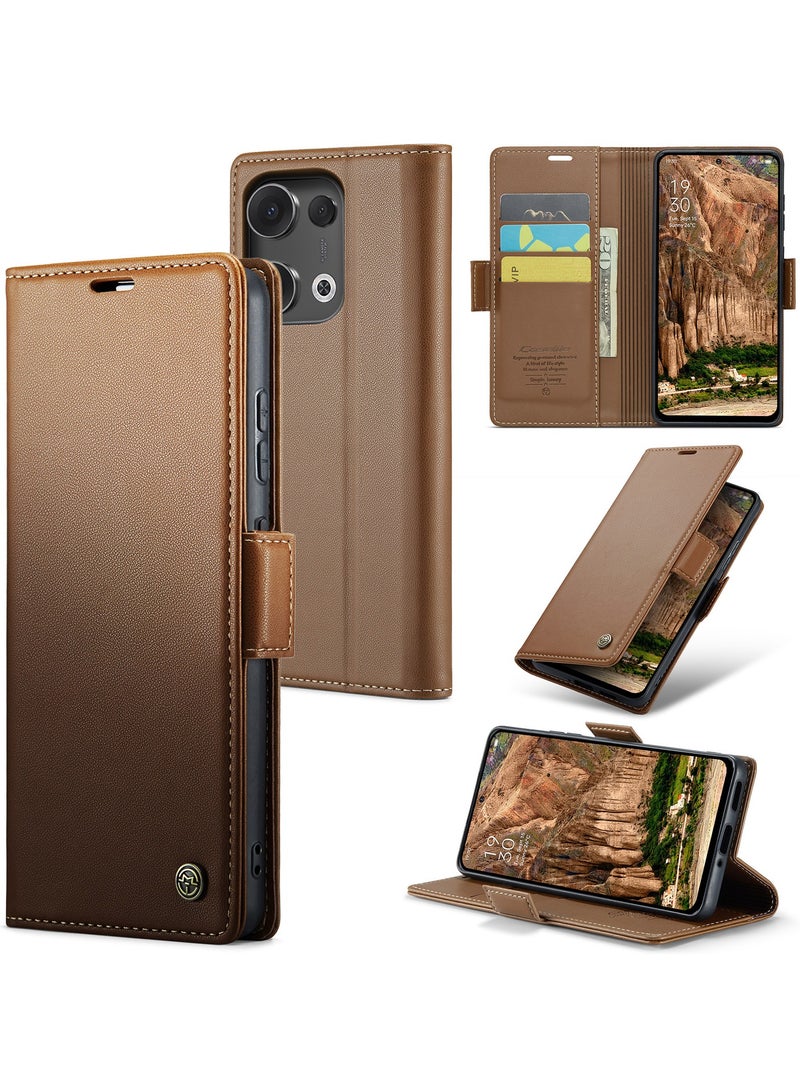 CaseMe Phone Case Luxury PU Leather Design Anti Fingerprint 023 Flip Cover Card Slot Holder Cover For Oppo Reno 13 5G (Brown) - Image 1
