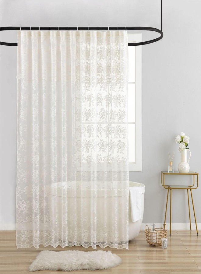 TUDECO Lace Vintage Shower Curtain with Attached Valance, Crochet Rustic Floral Sheer Shower Curtains for Bathroom, Scalloped Edge Reinforced Holes Top Ivory Shower Curtain, 72 x 72 Inch, 1 Panel - Image 1