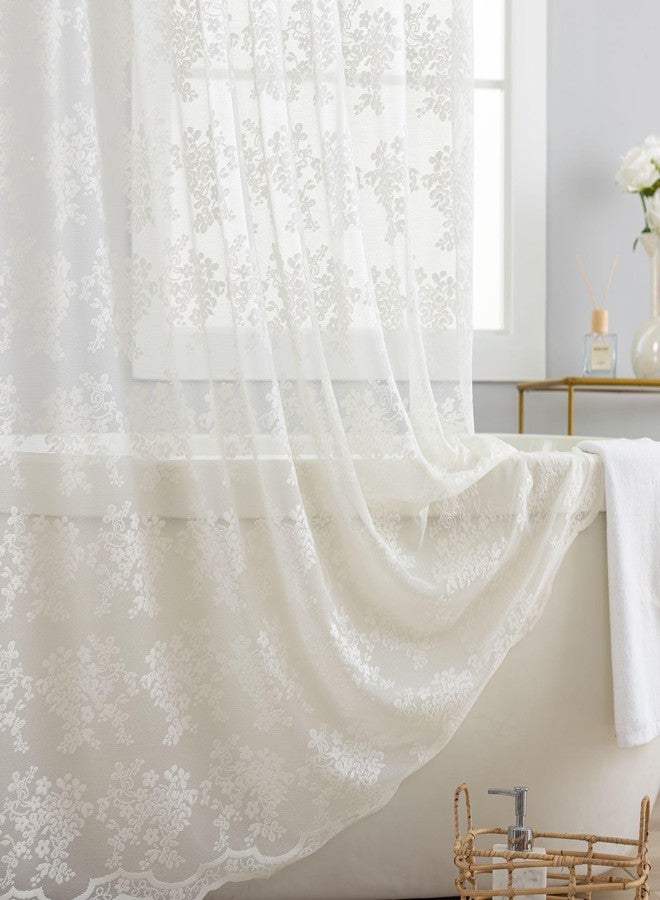 TUDECO Lace Vintage Shower Curtain with Attached Valance, Crochet Rustic Floral Sheer Shower Curtains for Bathroom, Scalloped Edge Reinforced Holes Top Ivory Shower Curtain, 72 x 72 Inch, 1 Panel - Image 4
