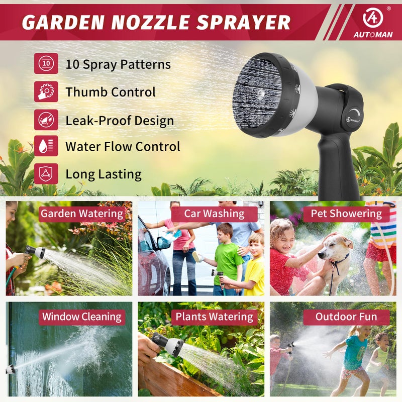 AUTOMAN Garden Hose Nozzle - 10 Adjustable Spray Patterns, Thumb Flow Control Hose Sprayer, Water Hose Spray Nozzle for Plants Watering, Car Washing, Window Cleaning, Pets Bathing, Outdoor Fun, Black - Image 5