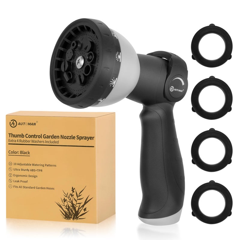 AUTOMAN Garden Hose Nozzle - 10 Adjustable Spray Patterns, Thumb Flow Control Hose Sprayer, Water Hose Spray Nozzle for Plants Watering, Car Washing, Window Cleaning, Pets Bathing, Outdoor Fun, Black - Image 1