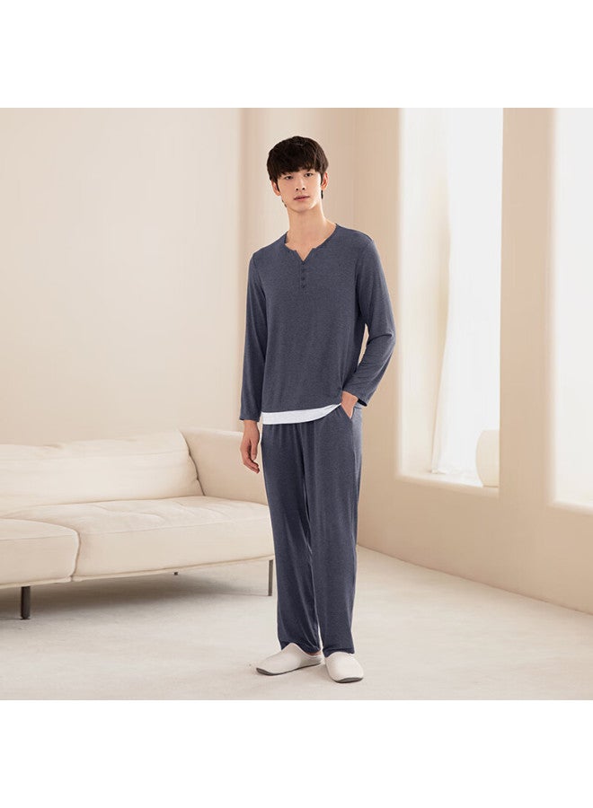 Agentmuse Naked Feel Pajamas For Men, Tencel Modal Couple Loose Long-sleeve Long Pants Loungewear Set 892nt Tide Blue XL - Image 1