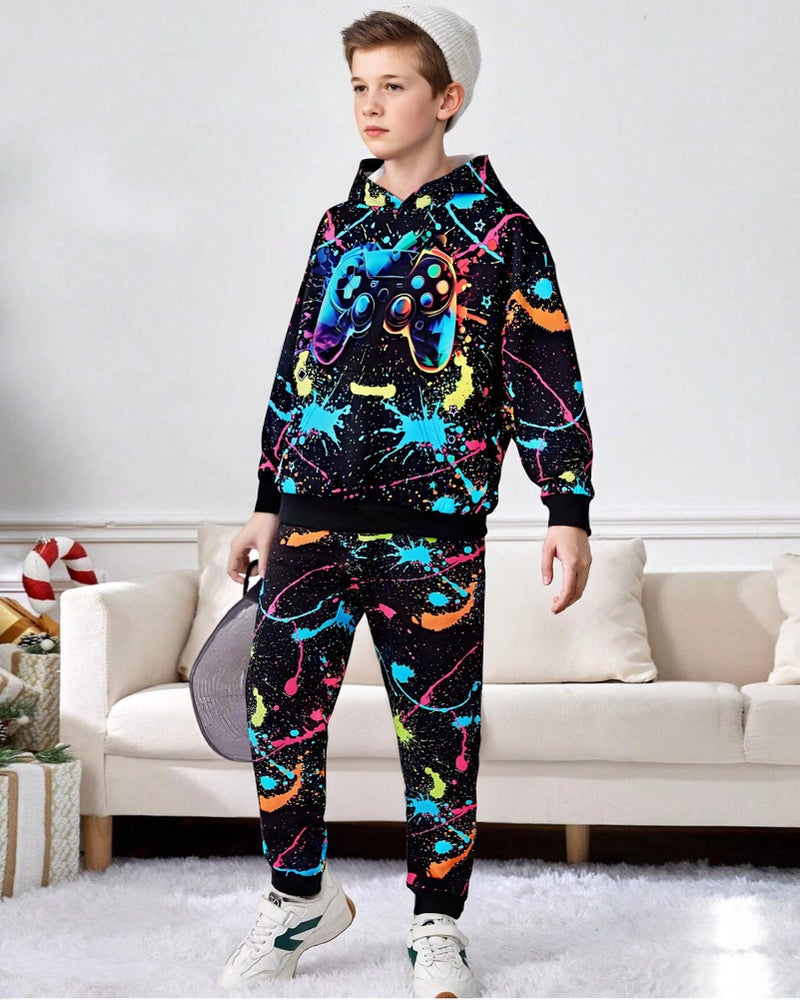 Latnnut Boy Clothes Fall Winter Outfits Long-sleeved Game Consoles Print Hooded Sweatshirt Pants 2Pcs Set 7-8 Years - Image 5