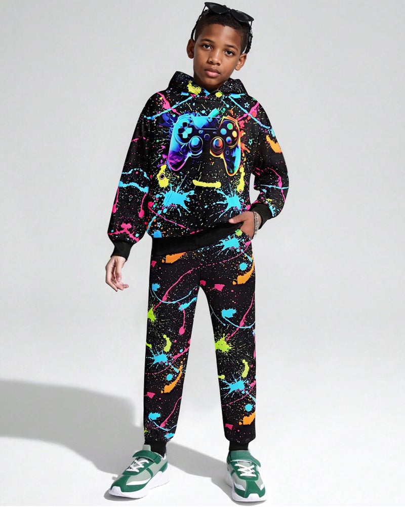 Latnnut Boy Clothes Fall Winter Outfits Long-sleeved Game Consoles Print Hooded Sweatshirt Pants 2Pcs Set 7-8 Years - Image 4