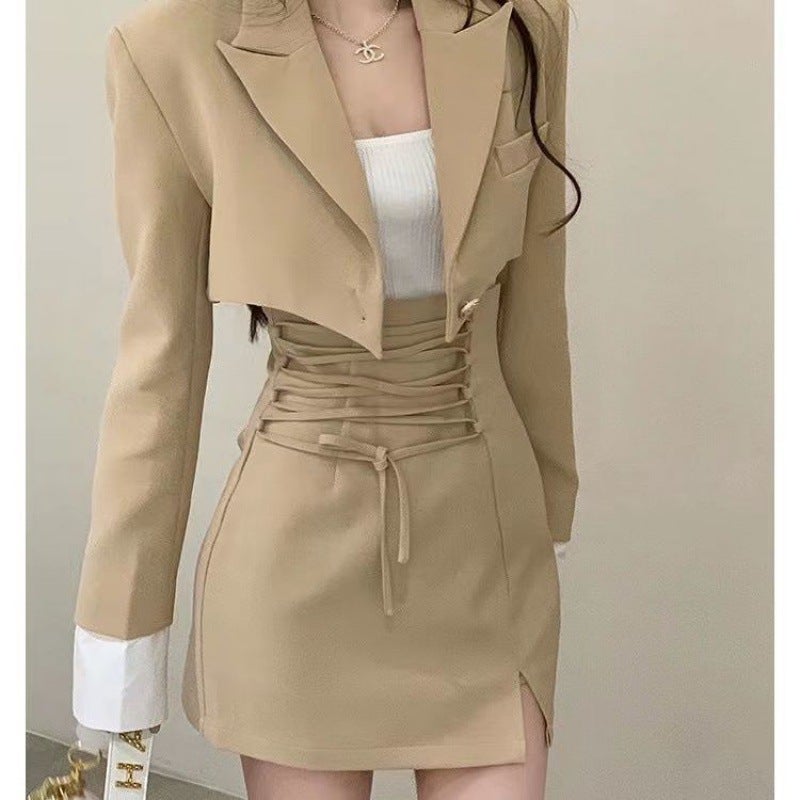 Spring Short Suit Jacket 2023 Spring New Korean Fashion Design Skirt Suit Two-Piece Trendy Khaki skirt - Image 1