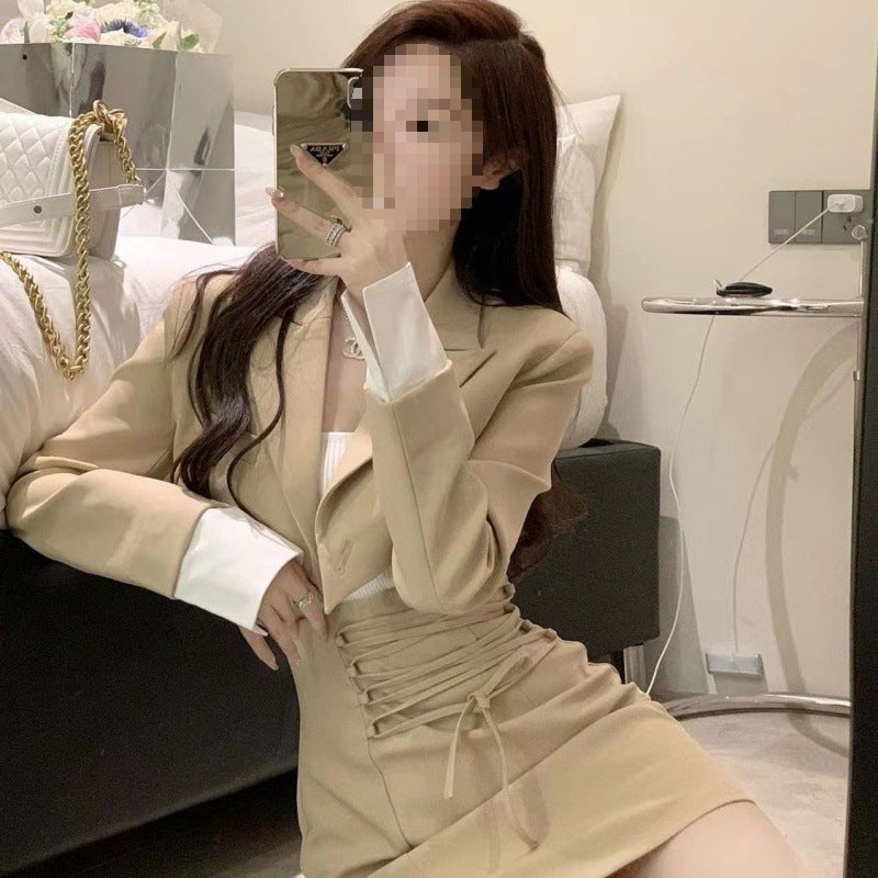 Spring Short Suit Jacket 2023 Spring New Korean Fashion Design Skirt Suit Two-Piece Trendy Khaki skirt - Image 2