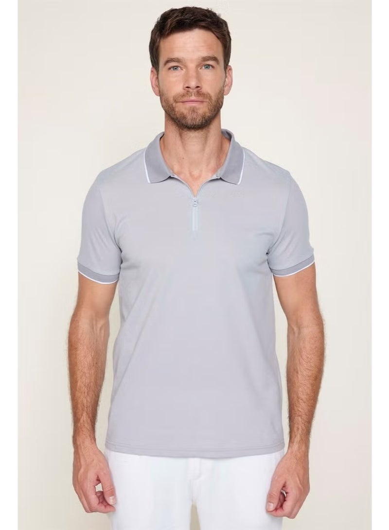 Tudors Men's Slim Fit Zippered Polo Neck Pique Cotton Gray T-Shirt - Image 3