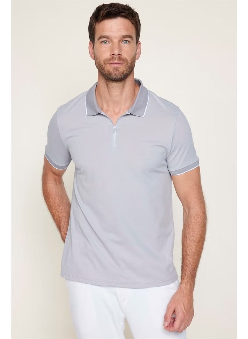 Tudors Men's Slim Fit Zippered Polo Neck Pique Cotton Gray T-Shirt - Image 2
