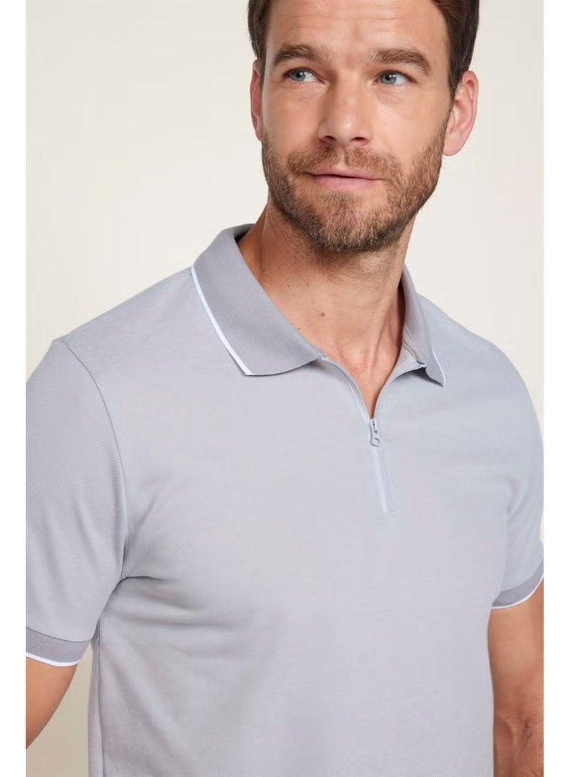 Tudors Men's Slim Fit Zippered Polo Neck Pique Cotton Gray T-Shirt - Image 1
