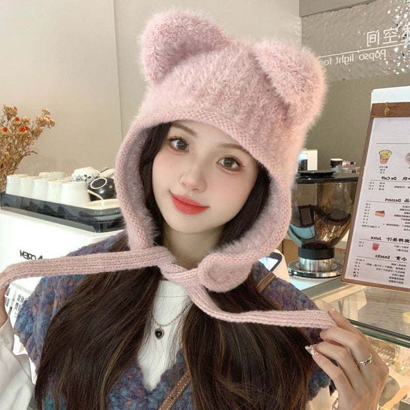 2024 New Bear Ear Plush Hat for Children Autumn and Winter Cute Thickened Warm Ear Protection Dopamine Wool Hat Pink