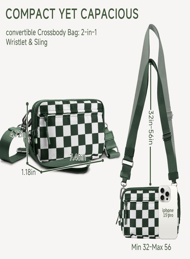NBERMOTION Checkered Nylon Wristlet Wallets for Women RFID Blocking Purse With Credit Card Holder & Crossbody Strap(Pea Green) - Image 3