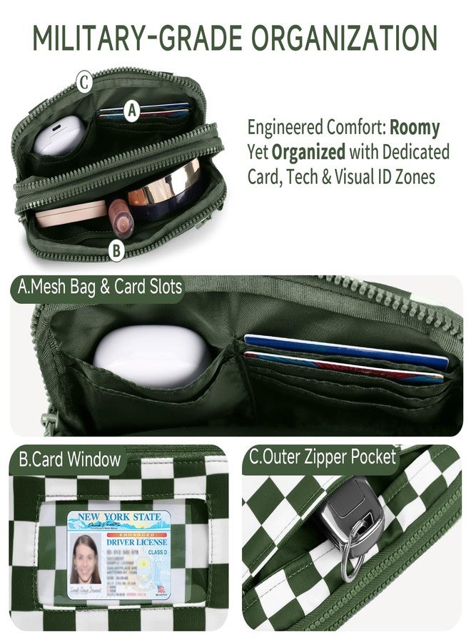 NBERMOTION Checkered Nylon Wristlet Wallets for Women RFID Blocking Purse With Credit Card Holder & Crossbody Strap(Pea Green) - Image 4
