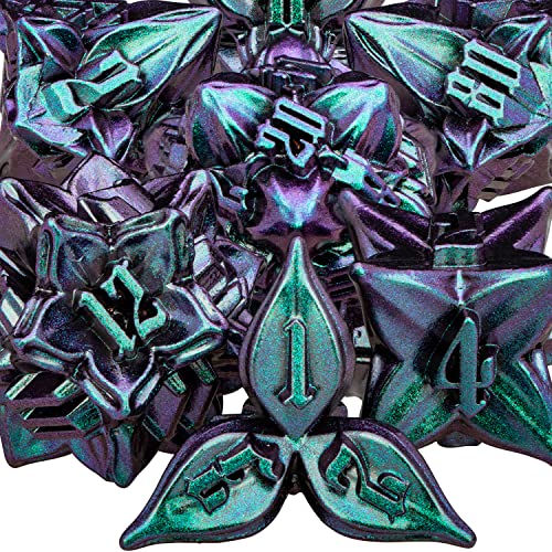 ARUOHHA DND Metal Dice Set Purple Green Leaf Design Polyhedral Dragons Dice with Box 7PCS Dungeons D and D Dice Compatible with DD RPG Role Playing Games D20 D12 D10 D8 D6 - Image 1