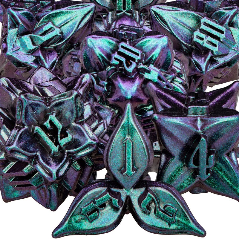 ARUOHHA DND Metal Dice Set Purple Green Leaf Design Polyhedral Dragons Dice with Box 7PCS Dungeons D and D Dice Compatible with DD RPG Role Playing Games D20 D12 D10 D8 D6 - Image 3