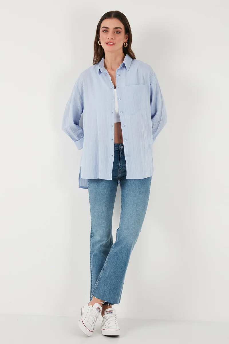 ليلا Regular Fit Single Pocket Short Front Long Back Crinkle Shirt Women's Shirt 6772752