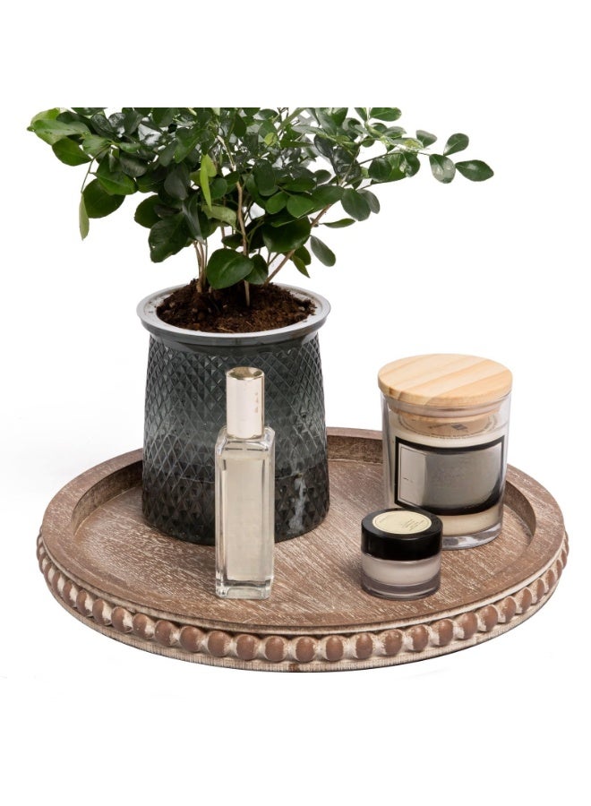 general 12-inch round wooden bead tray - a decorative round tray (brown) suitable for living room, coffee table, dining table, or farmhouse-style plates. - Image 1