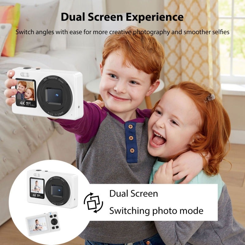 4K Dual Screen Camera: 2.4-Inch + 1.3-Inch Dual Screens 48MP Photos - Portable Compact Design Autofocus Digital Camera for Kids Students Travel Family - Image 2