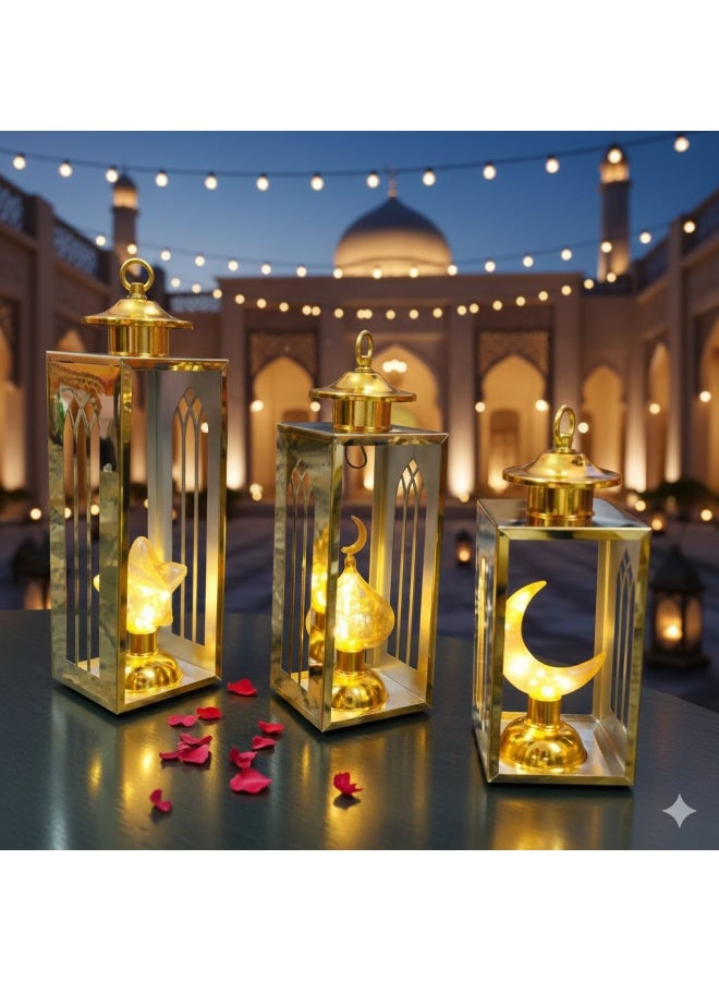 ٣ فانوس رمضان ديكور استانلس دهبي مقاسات مختلفه مجموعه فوانيس  ليد اضاءه اصفر - Image 1