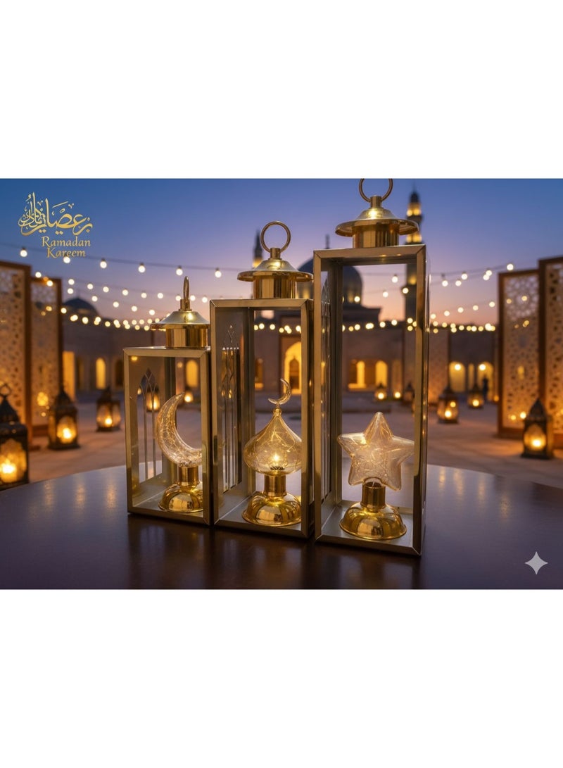 ٣ فانوس رمضان ديكور استانلس دهبي مقاسات مختلفه مجموعه فوانيس  ليد اضاءه اصفر - Image 2