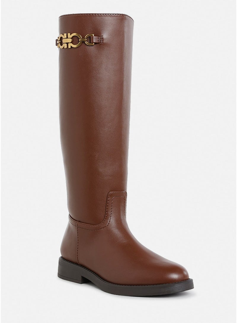 London Rag Women's Metal Chain Link Detail Calf Boots in Tan - Image 2