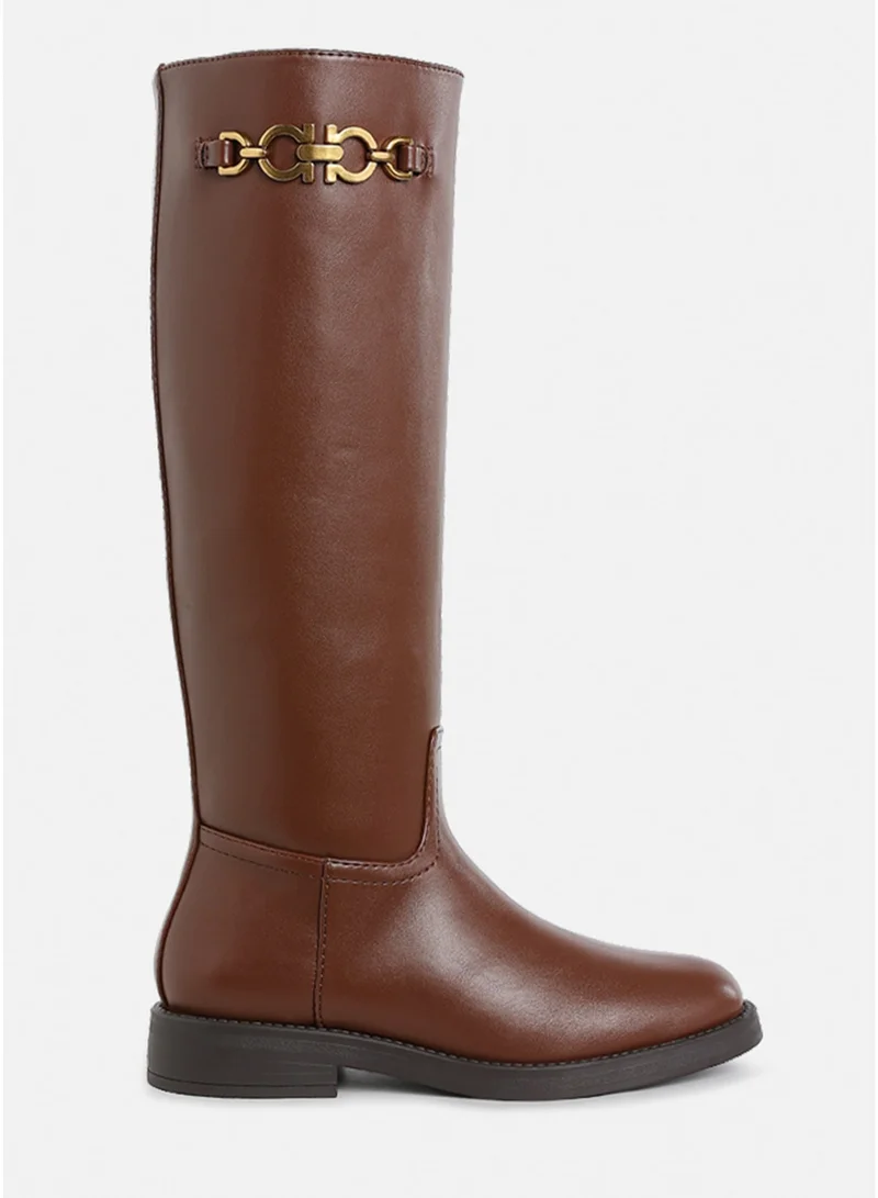 London Rag Women's Metal Chain Link Detail Calf Boots in Tan