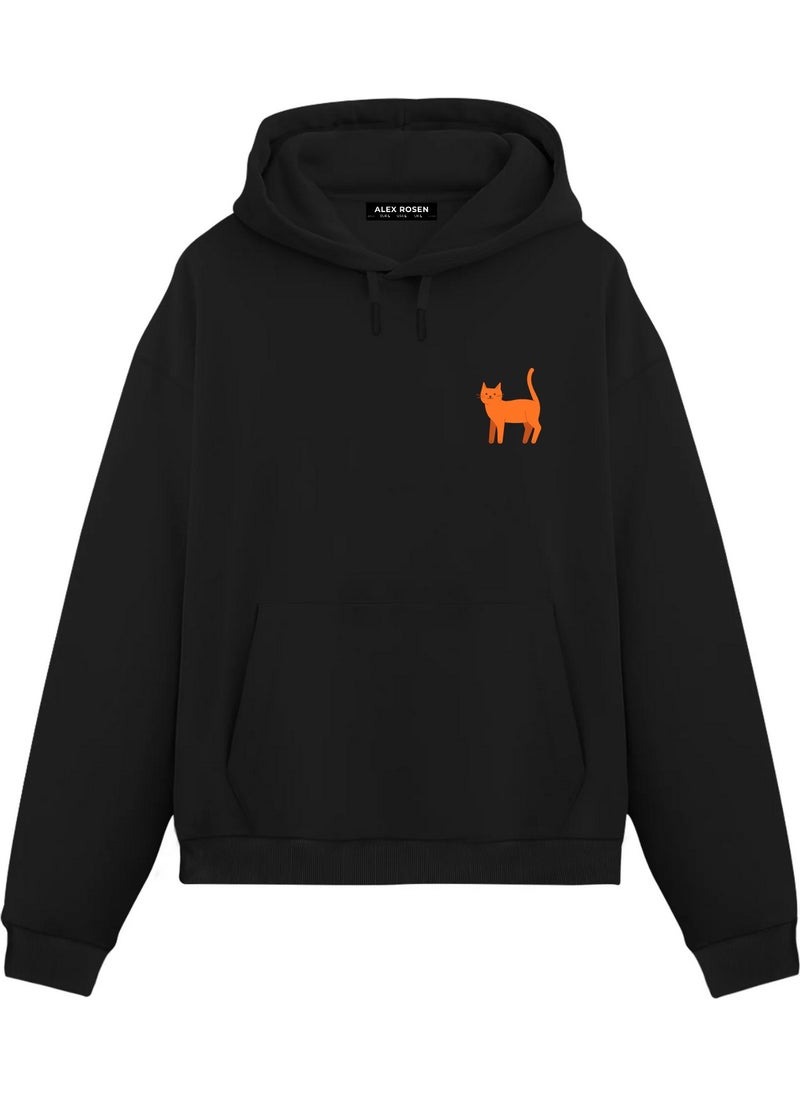 Alex Rosen Unisex Black Mini Cat Printed Oversize Fit Cotton Hooded Sweatshirt  - Image 1