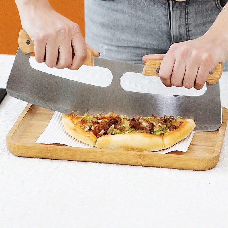 NETXE Pizza Cutter Pizza Slicer MezzalunaMincing Knife Double Handle Ideal for Mincing Dicing Chopping Slicing with Wooden Handles Protective Big Pizza Knife With Cach Candy - Image 5