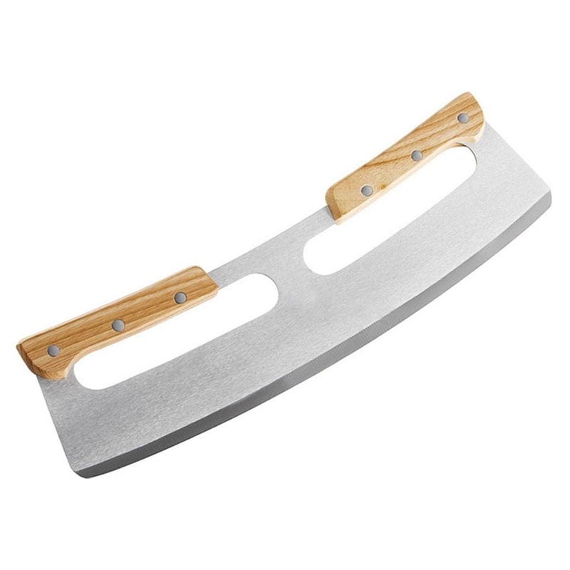 NETXE Pizza Cutter Pizza Slicer MezzalunaMincing Knife Double Handle Ideal for Mincing Dicing Chopping Slicing with Wooden Handles Protective Big Pizza Knife With Cach Candy - Image 1