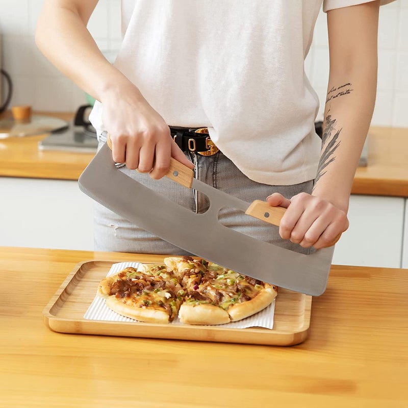 NETXE Pizza Cutter Pizza Slicer MezzalunaMincing Knife Double Handle Ideal for Mincing Dicing Chopping Slicing with Wooden Handles Protective Big Pizza Knife With Cach Candy - Image 4