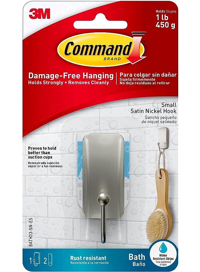 Command Bath Small  Hook, Satin Nickel, support 450gr., Organize and decorate Damage Free, Bath Strips, 1 Hook+2 strips/Pack - Image 1