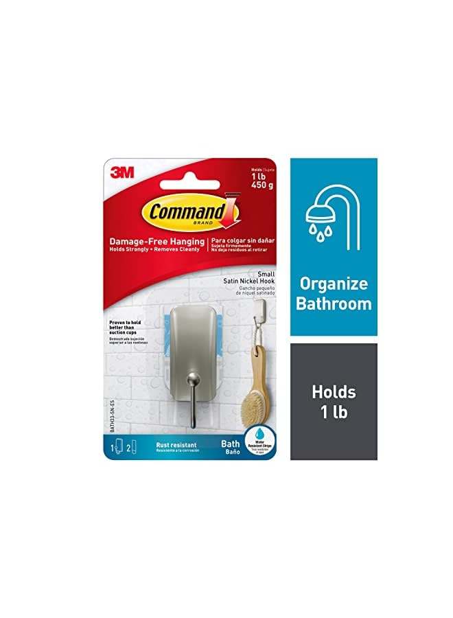 Command Bath Small  Hook, Satin Nickel, support 450gr., Organize and decorate Damage Free, Bath Strips, 1 Hook+2 strips/Pack - Image 3