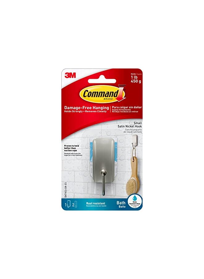 Command Bath Small  Hook, Satin Nickel, support 450gr., Organize and decorate Damage Free, Bath Strips, 1 Hook+2 strips/Pack - Image 2