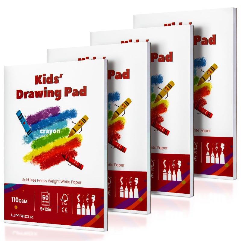 Umriox Drawing Pad for Kids, 9" x 12" Sketch Book, 4-Pack Sketch Pad (50 Sheets Each), 110gsm Acid-Free Drawing Paper, Glue-Bound Art Sketchbook for Kids' Classroom, Travel & School Art Supplies - Image 1