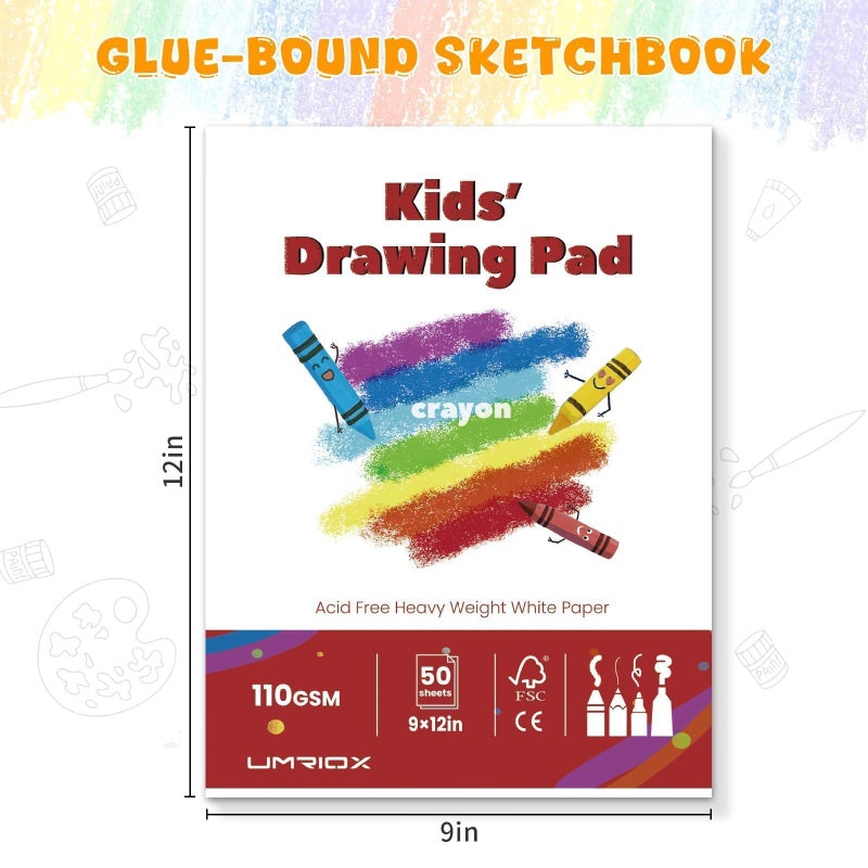 Umriox Drawing Pad for Kids, 9" x 12" Sketch Book, 4-Pack Sketch Pad (50 Sheets Each), 110gsm Acid-Free Drawing Paper, Glue-Bound Art Sketchbook for Kids' Classroom, Travel & School Art Supplies - Image 2