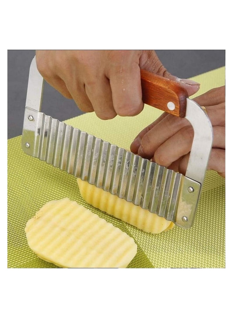 Crinkle Cutter Stainless Steel Potato Slicer Heavy Duty Wavy Crinkle Cutting Chopping Tools with Wooden Handle for Carrot Vegetables Potatoes  - Image 1