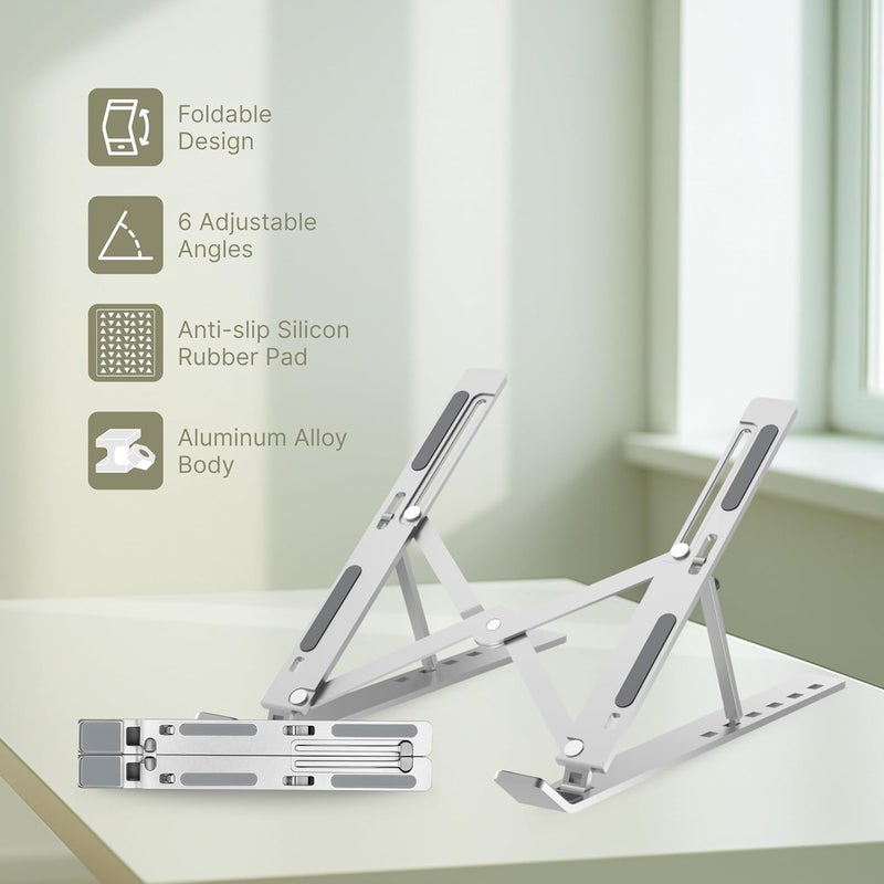 GEONIX Trek T3 Aluminium Ergonomic Laptop Stand | 7 Angles Adjustable Tabletop | Anti Slip Rubber Pads | Foldable | Compatible with Laptops Upto 17 inch (Silver) - Image 5