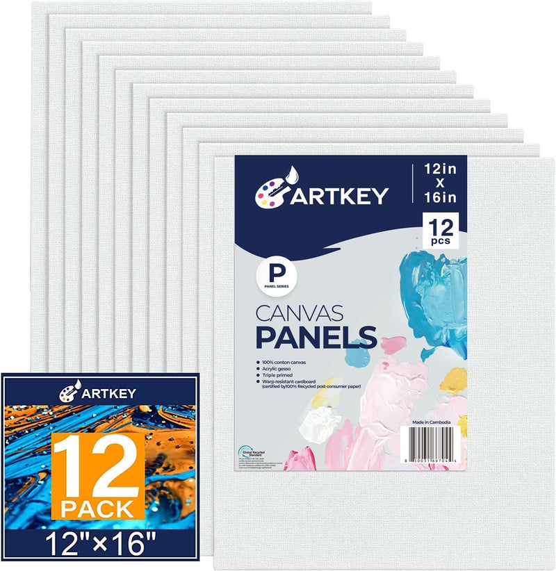 Artkey Canvas Panels 12x16 Inch 12-Pack, 10 oz Primed 100% Cotton Canvases for Painting, White Blank Flat Canvas Board for Oil Acrylics Watercolor Tempera Paints - Image 1