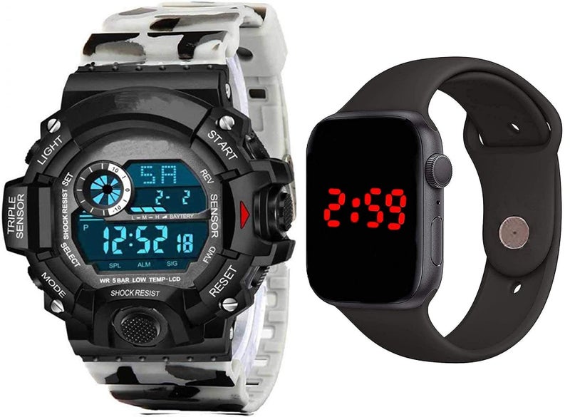 Acnos Polyurethane Premium Brand-A Digital Watch Square Led Shockproof Multi-Functional Automatic Black Dial White Army Strap Waterproof Digital Sports Watch For Men's Kids Watch For Boys-Pack Of 2 - Image 1