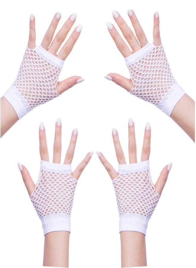 ALVOGIMOR 2 Pairs Fishnet Gloves,Mesh Fingerless Elastic Nylon Wrist Gloves for Women Girls 80's Theme Party Halloween Costume Accessories (White) - Image 1