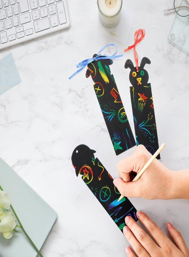 Goaste 144 Pack Animal Scratch Bookmarks, Magic DIY Bookmark Crafts, Colorful Dinosaur Scratch Paper with 144 Pieces Colorful Ropes and 72 Pieces Bamboo Stylus for Classroom Activities, Christmas - Image 4