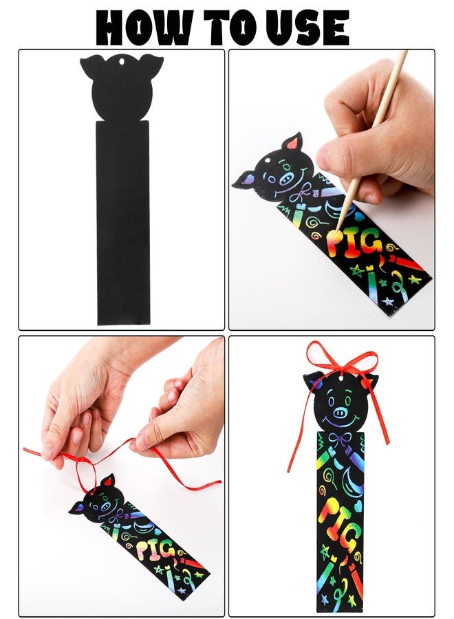 Goaste 144 Pack Animal Scratch Bookmarks, Magic DIY Bookmark Crafts, Colorful Dinosaur Scratch Paper with 144 Pieces Colorful Ropes and 72 Pieces Bamboo Stylus for Classroom Activities, Christmas - Image 3