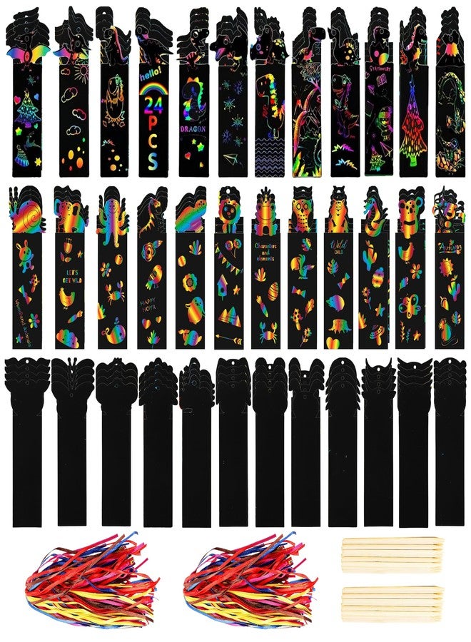 Goaste 144 Pack Animal Scratch Bookmarks, Magic DIY Bookmark Crafts, Colorful Dinosaur Scratch Paper with 144 Pieces Colorful Ropes and 72 Pieces Bamboo Stylus for Classroom Activities, Christmas - Image 1