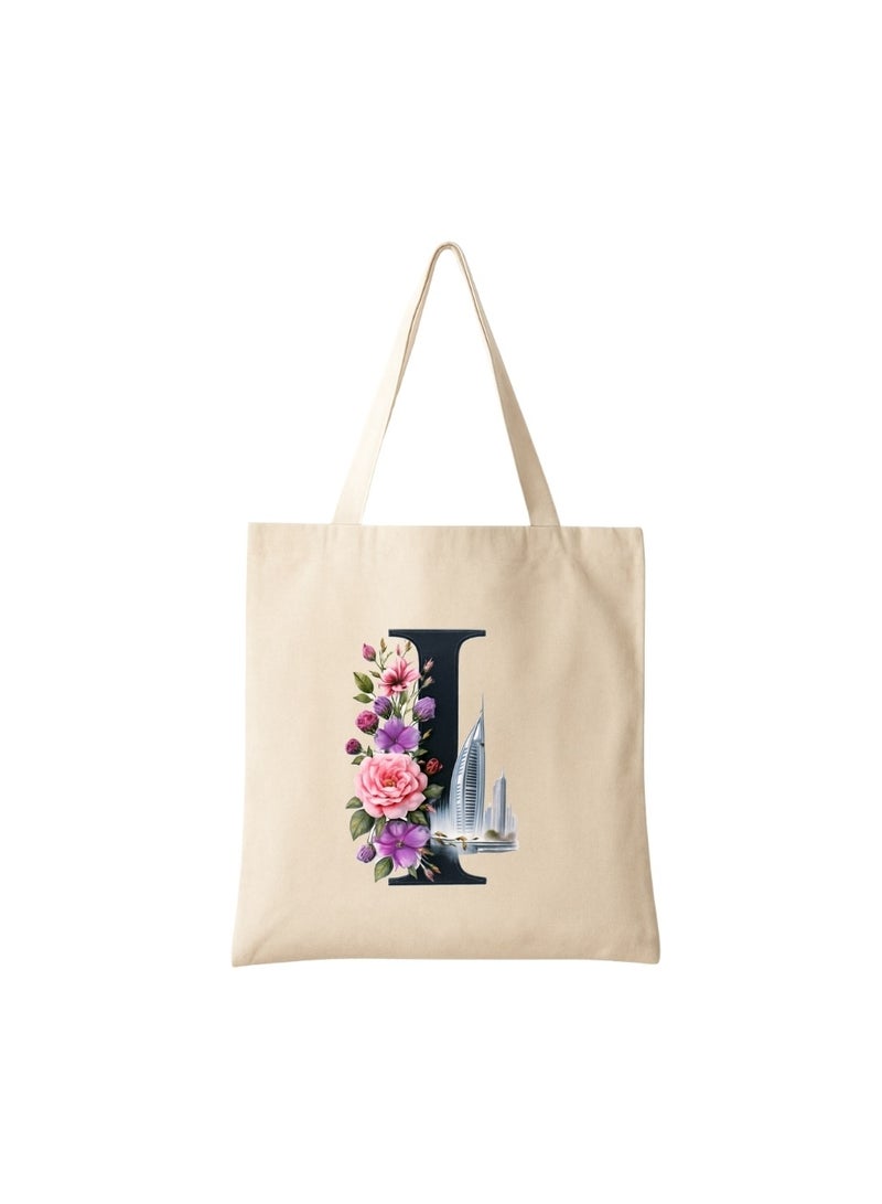 PRINTSHOP4ME Eco-Friendly Initial Tote Bag  – Canvas Shopping Bag With Floral & Dubai Skyline Print | Reusable Bridesmaid Gift,Wedding Favor,Everyday Carryall - Image 1